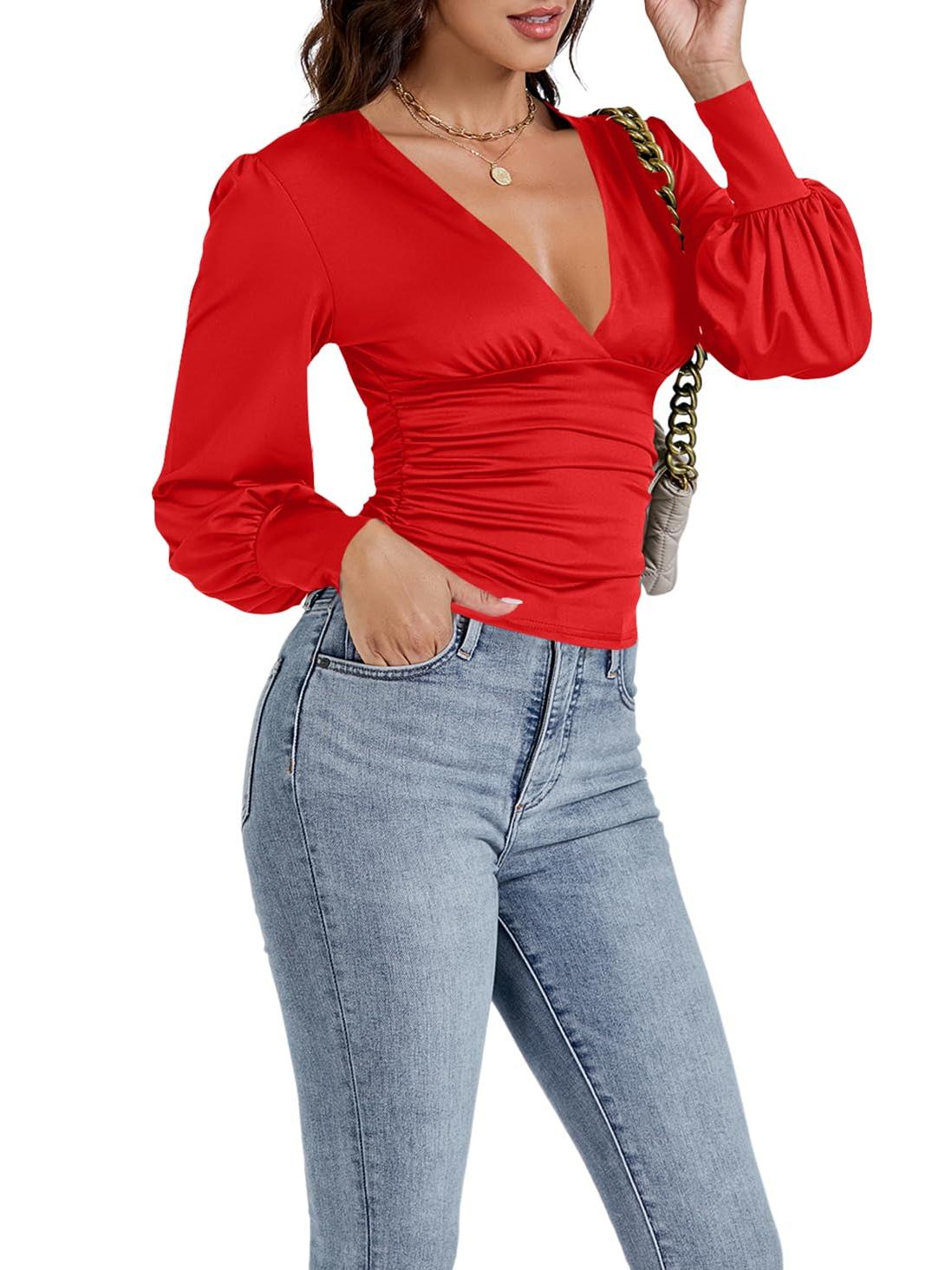 Women V-Neck Elegant Long Sleeve shirt T-Shirt Slim Top Blouse