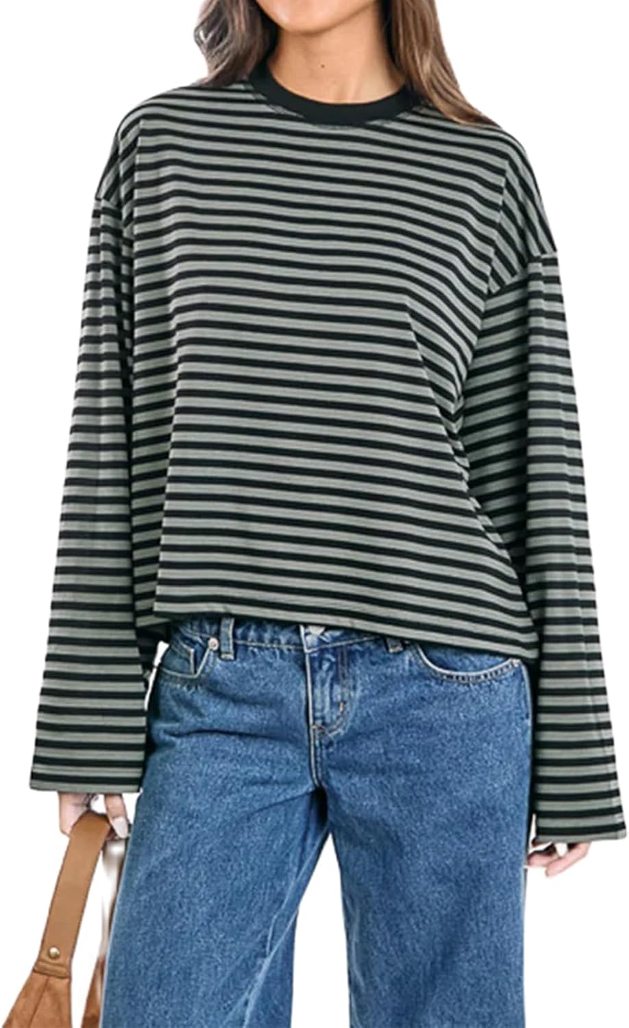 HOT SALE Women's Oversized Striped Cropped Long Sleeve Top