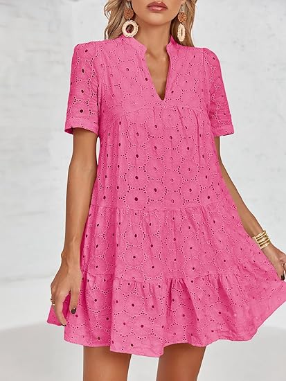 Womens Eyelet Casual Flowy Babydoll Swing Short Sleeve V Neck Tunic Dress