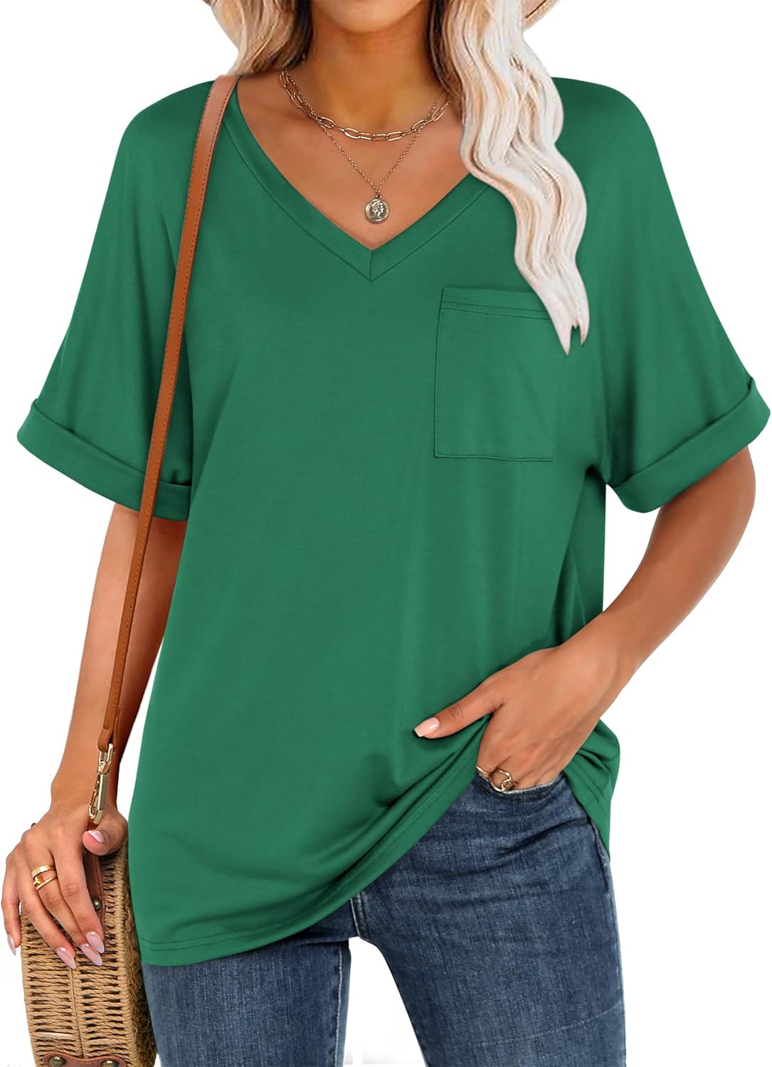 Women's Cute Oversized Short Sleeve Tops Basic Tee Shirts with Pocket(BUY 3 FREE SHIPPING)