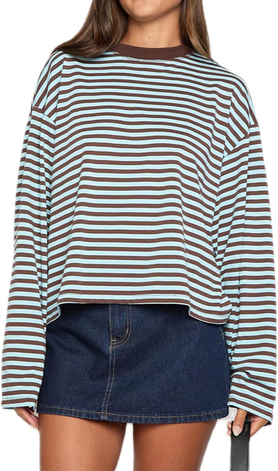 HOT SALE Women's Oversized Striped Cropped Long Sleeve Top
