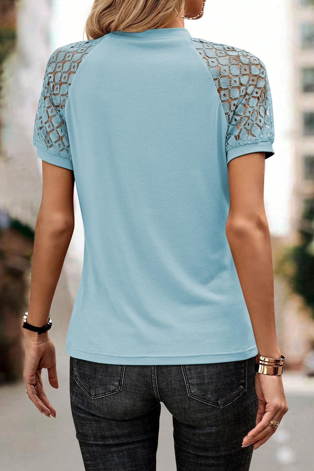Women's Casual Crewneck Lace Stitching Hollow Short Sleeve Tee(Buy 2 Free Shipping)