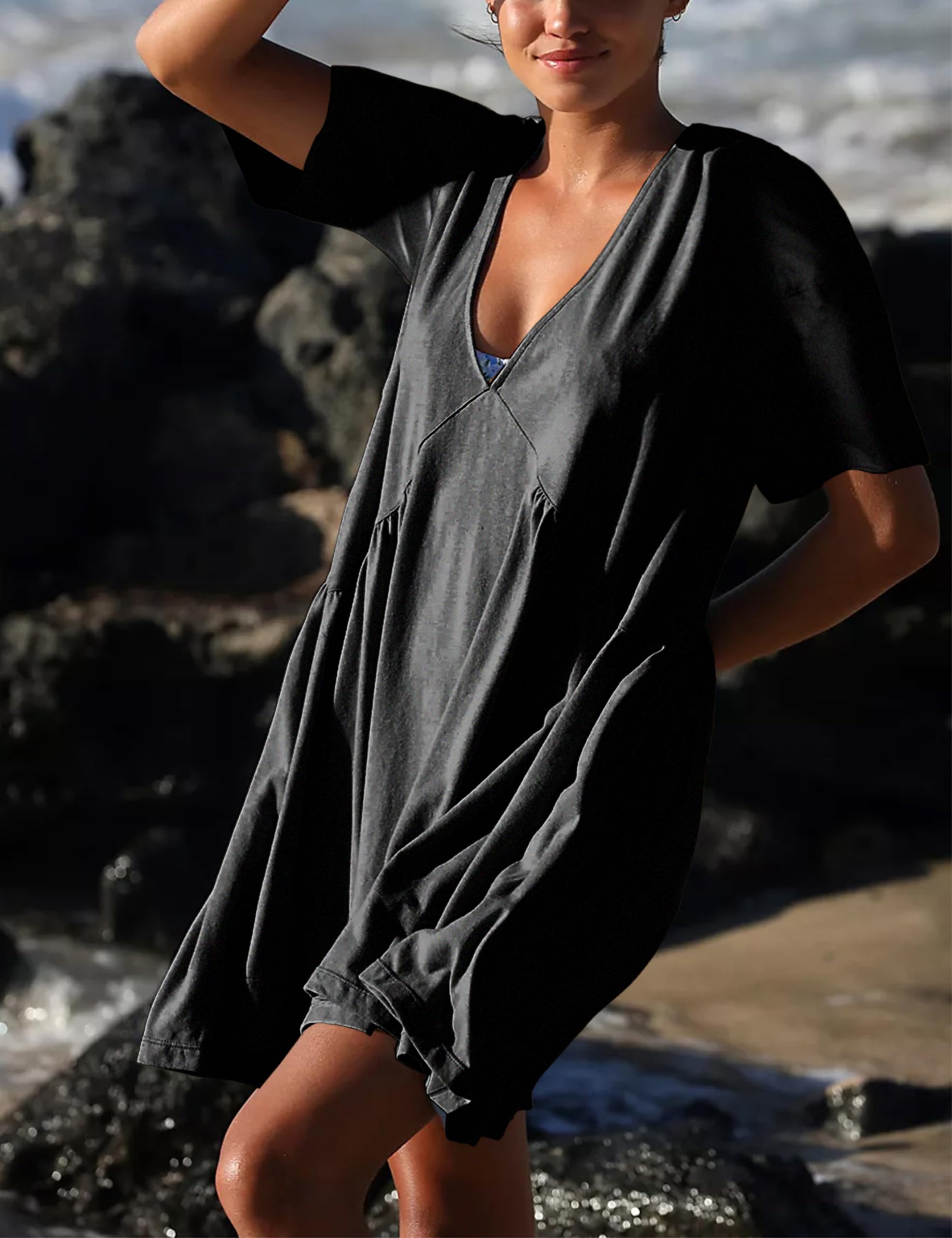 Womens  Casual Short Sleeve Swing Sundress with Pocket