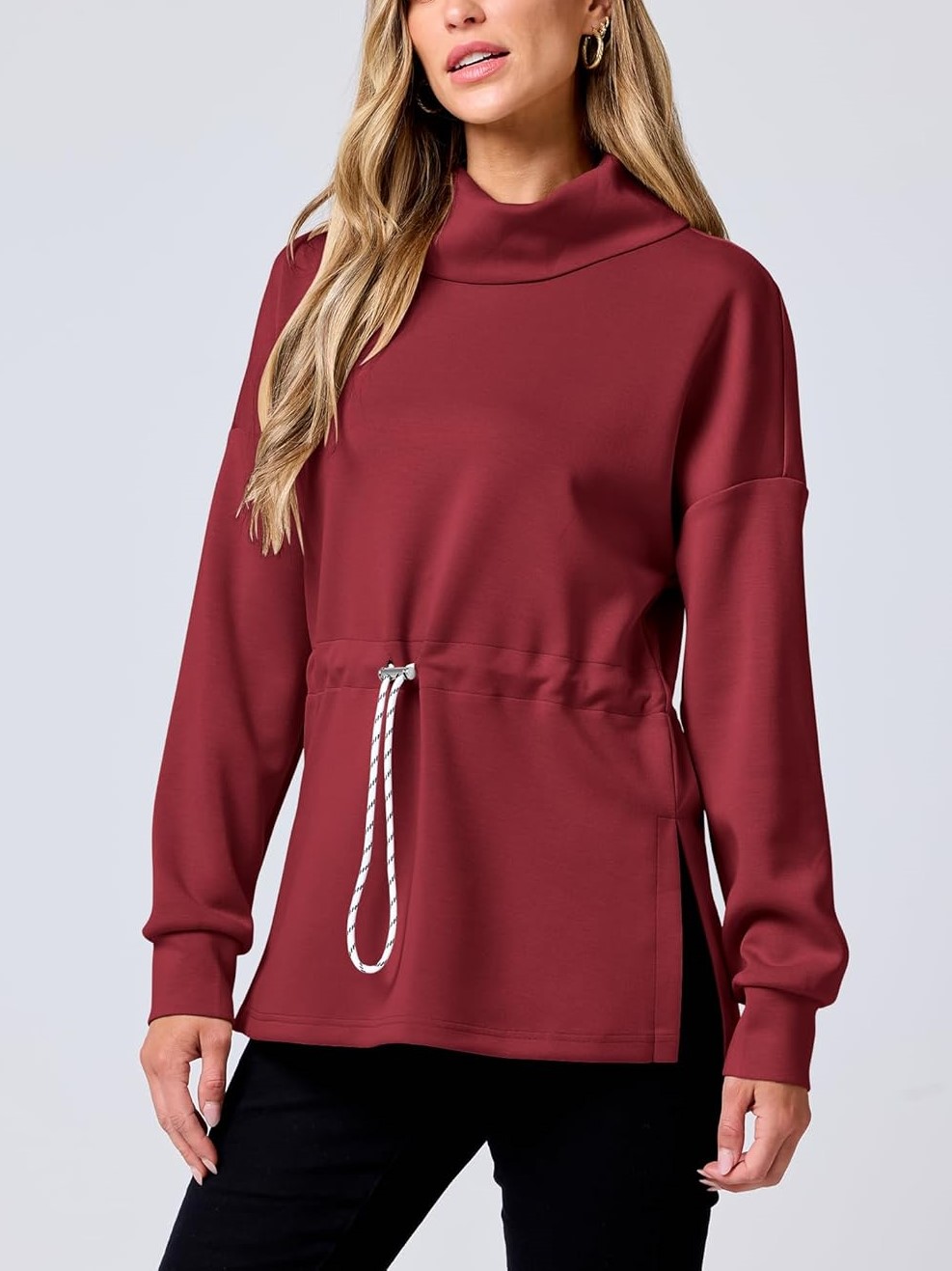 Women's Long Sleeve Turtleneck Drawstring Waist Hoodie Sweatshirts