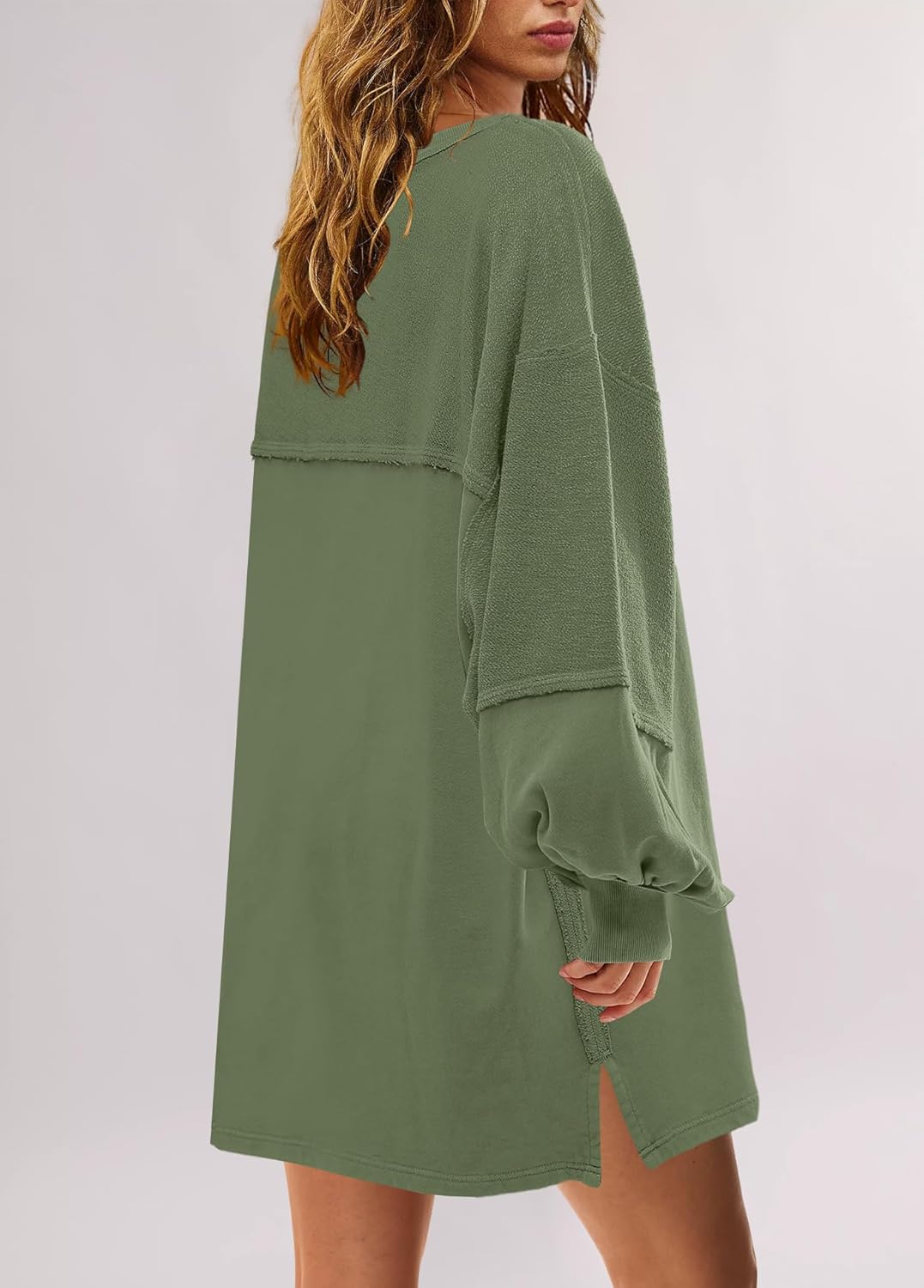 Women's Oversized Crewneck Patchwork Slit Sweatshirt Dress