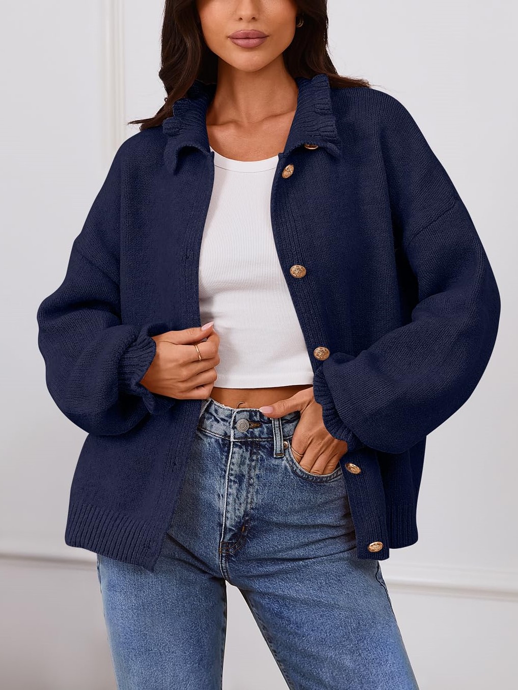 Women's Ruffle Button Down Long Sleeve Chunky Cardigan Sweaters