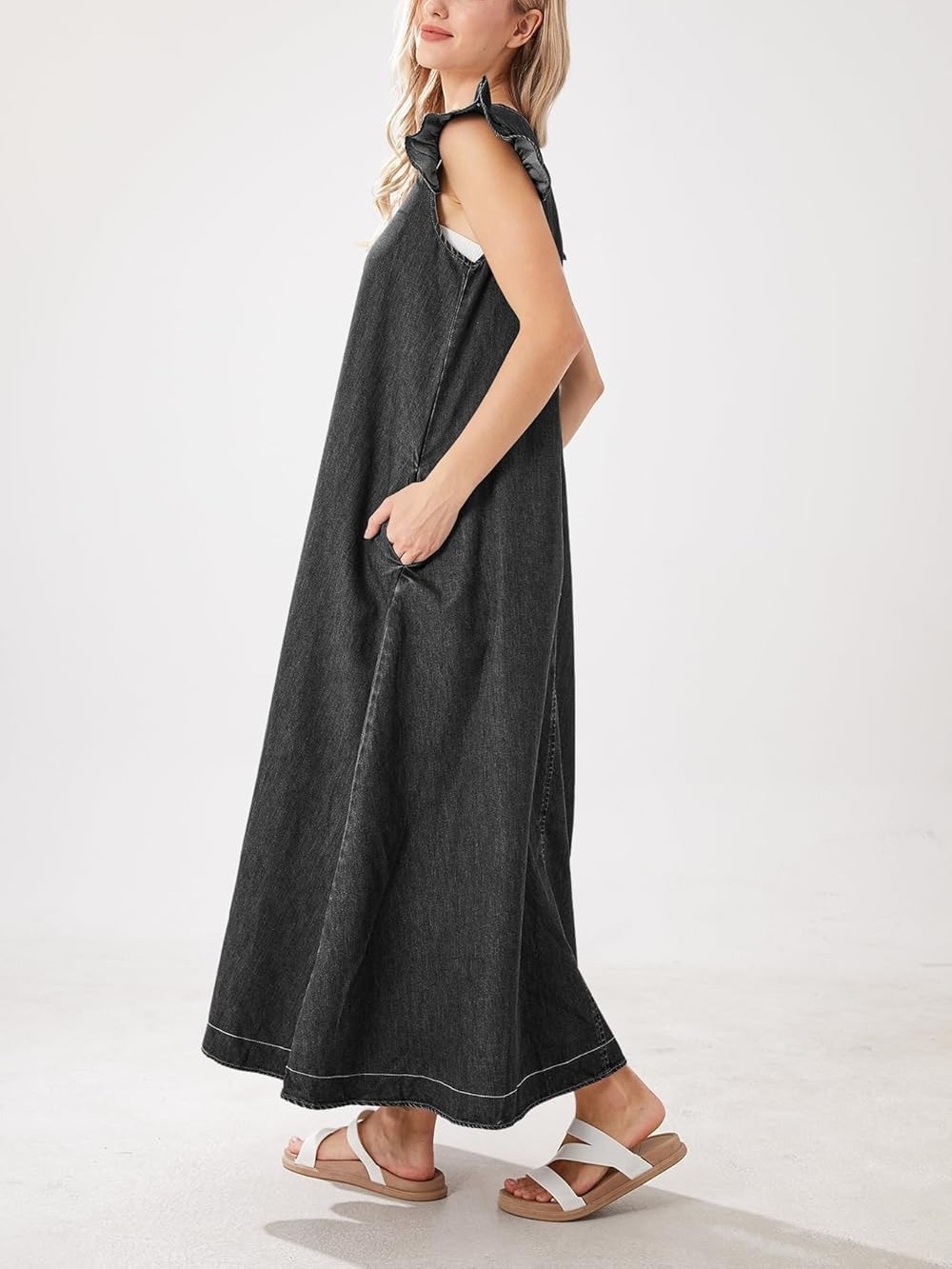 HOT SALE Women's Casual Loose Fit Ruffle Sleeveless V-Neck Denim Maxi Dress