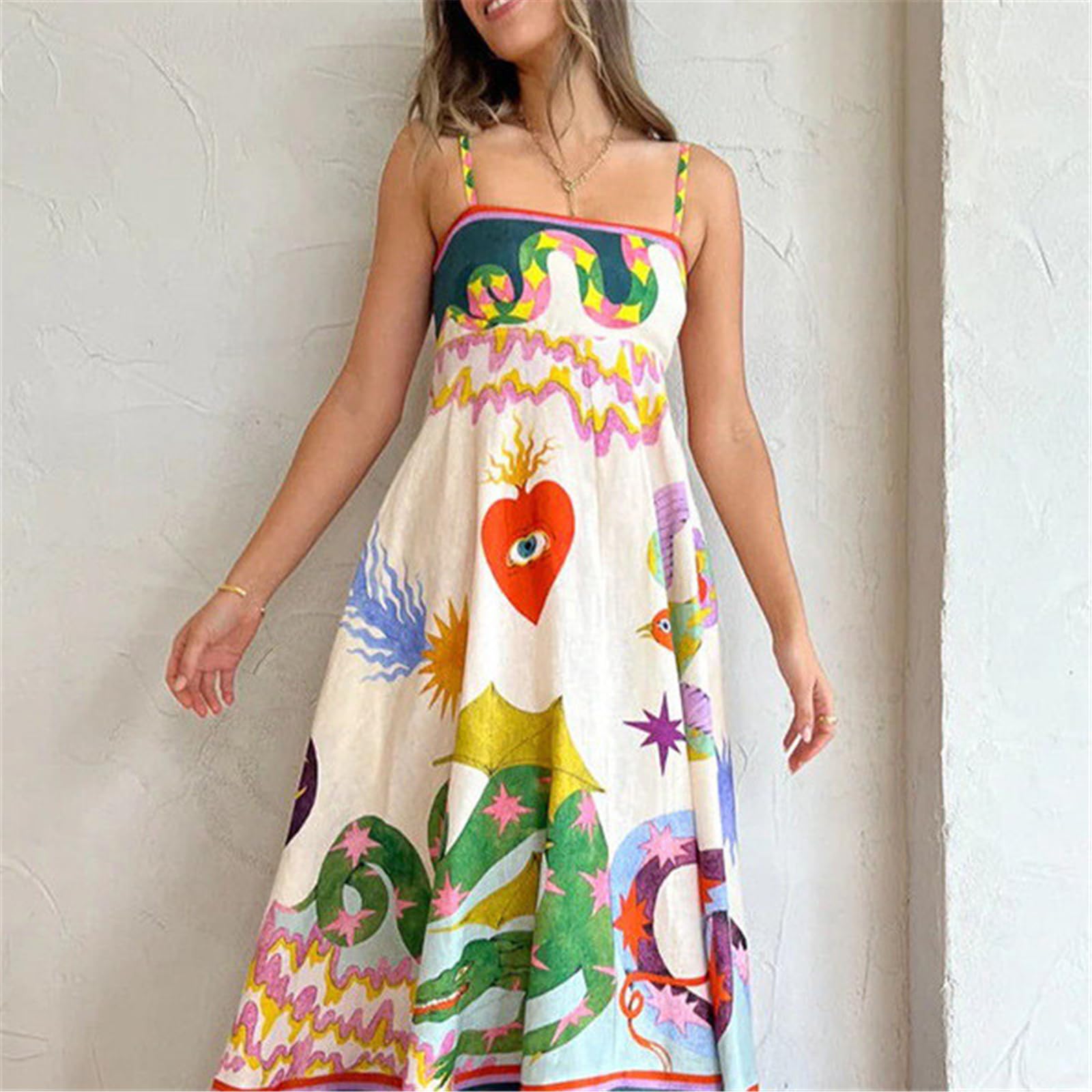 Women Boho Beach Spaghetti Strap Flowy Dress 