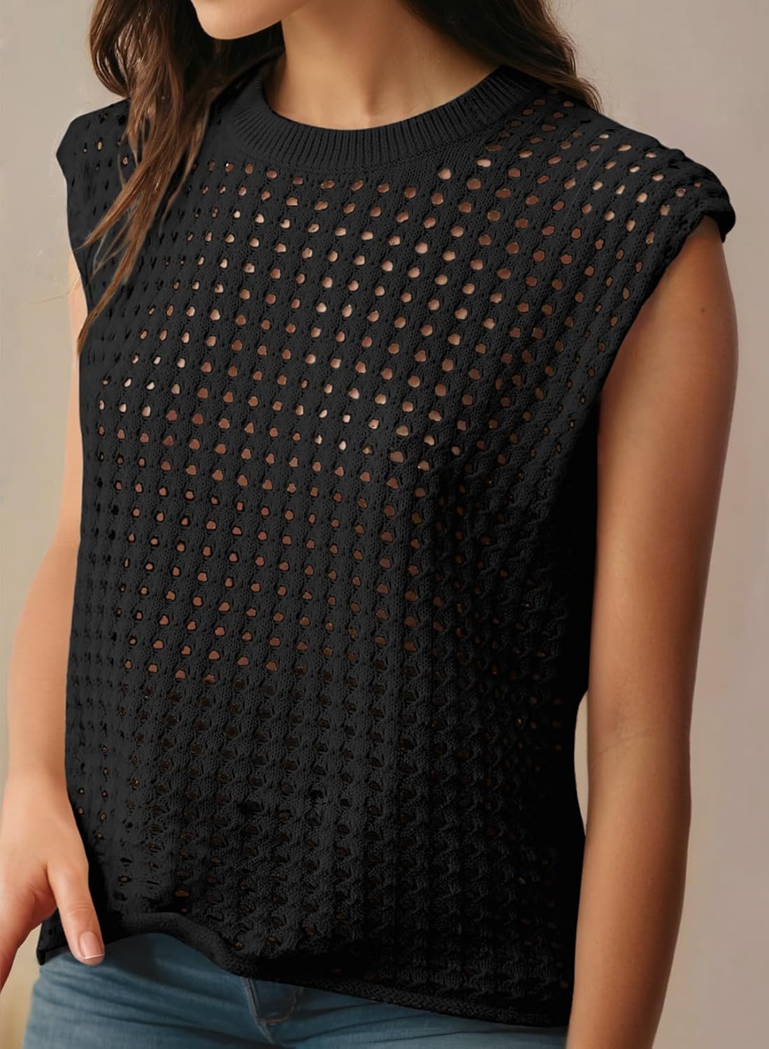 Women's Crewneck Sleeveles Loose Crochet Hollow Vest Top Cover Ups