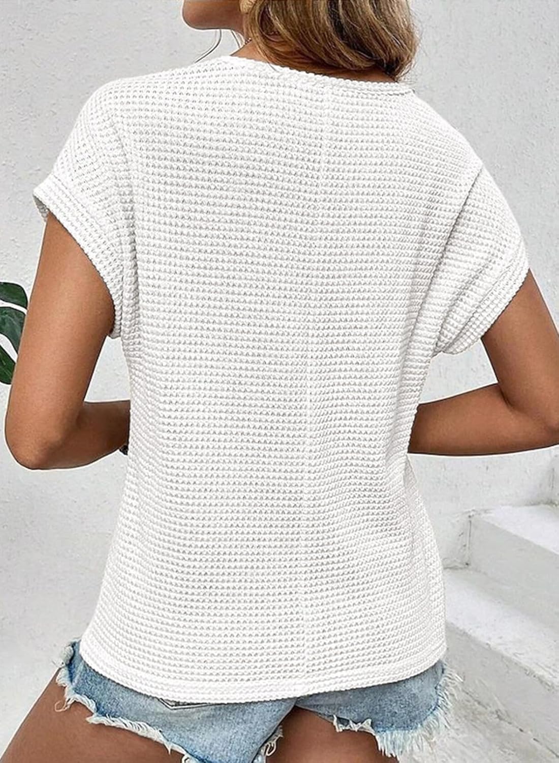 HOT SALE Women's Casual Waffle Knit Hollow Out Short Sleeve Shirts