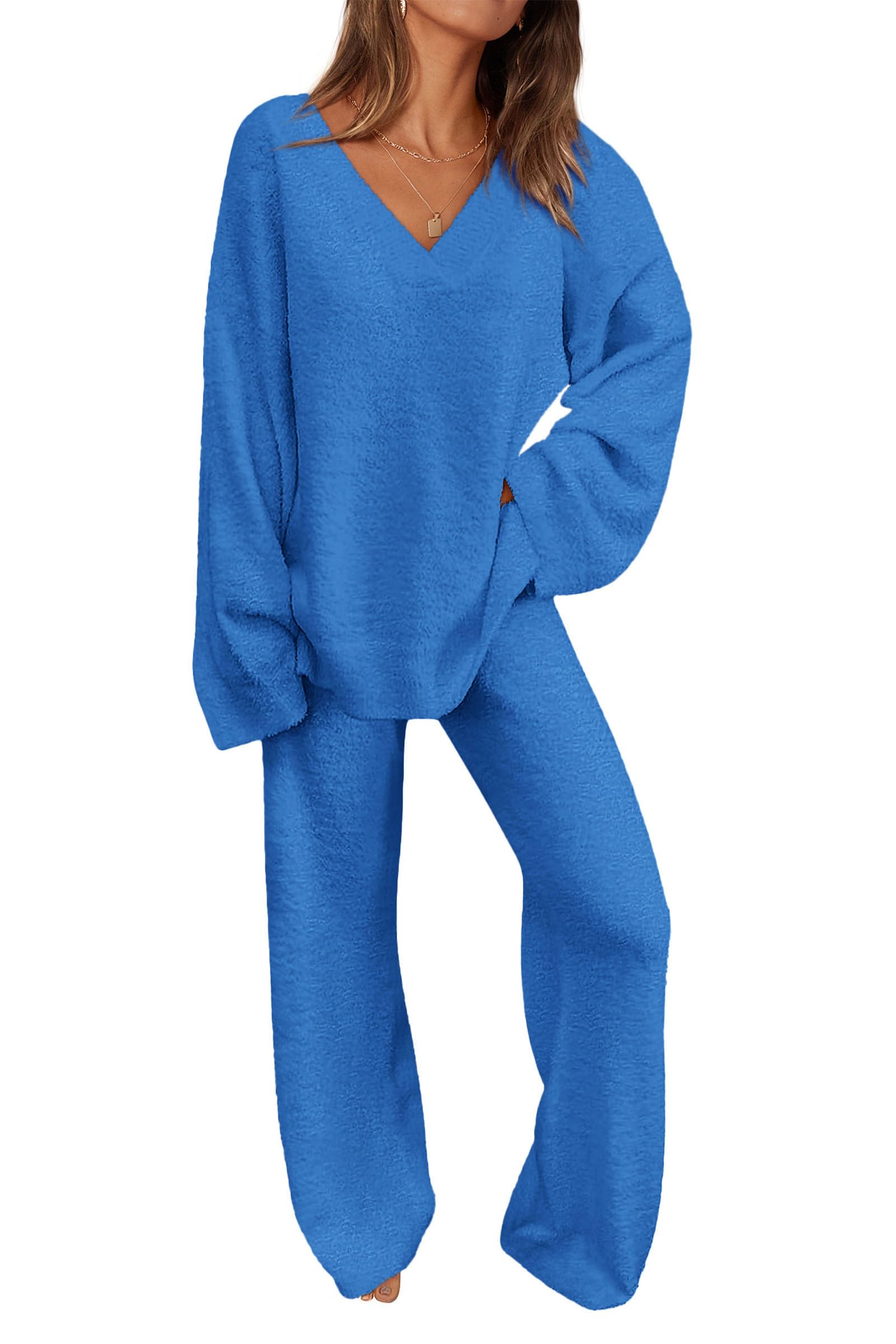 Women's 2 Piece Oversized V Neck Pullover Sweater Fuzzy Lounge Set (Buy 2 Free Shipping)