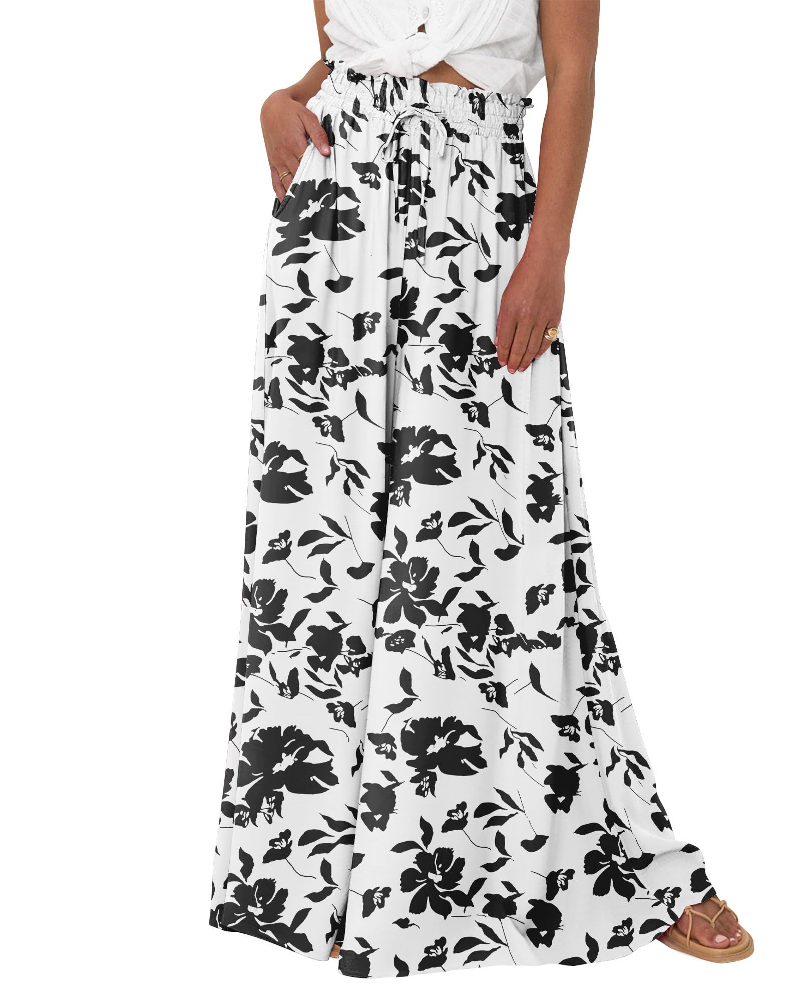 Women Casual Floral Solid High Waist Wide Leg  Pants 