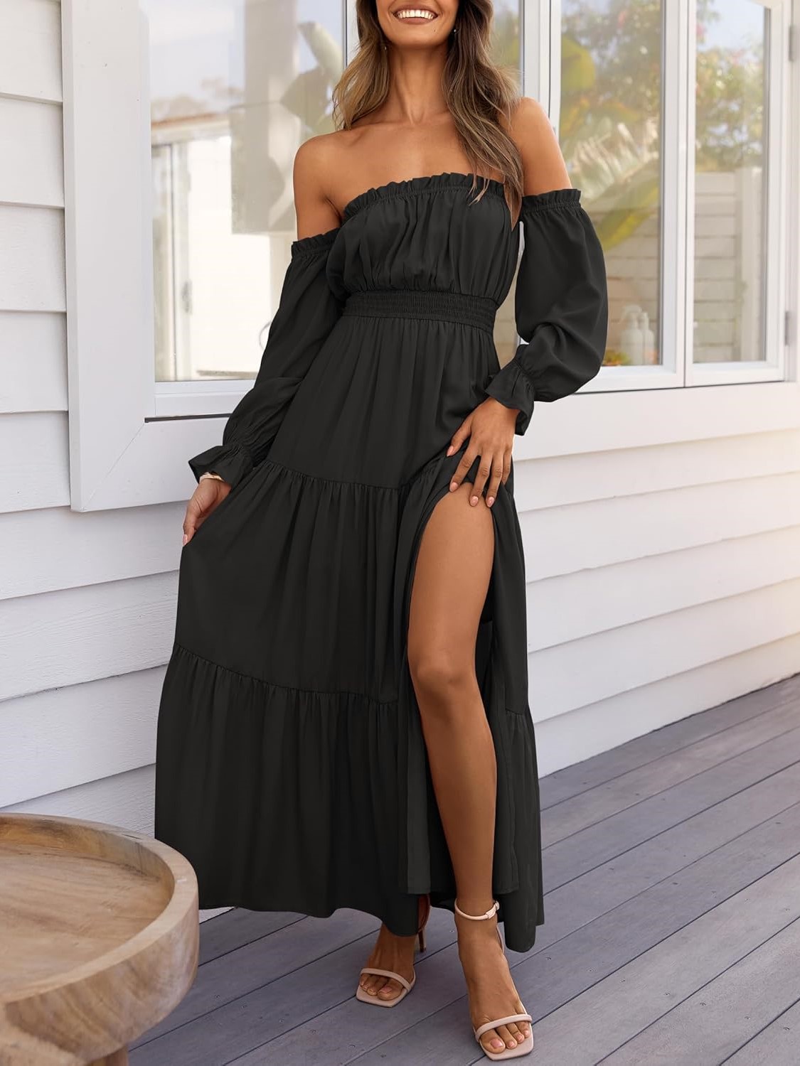 Women's Boho Sexy Off Shoulder Long Sleeve Smocked Side Split Tiered Maxi Dress