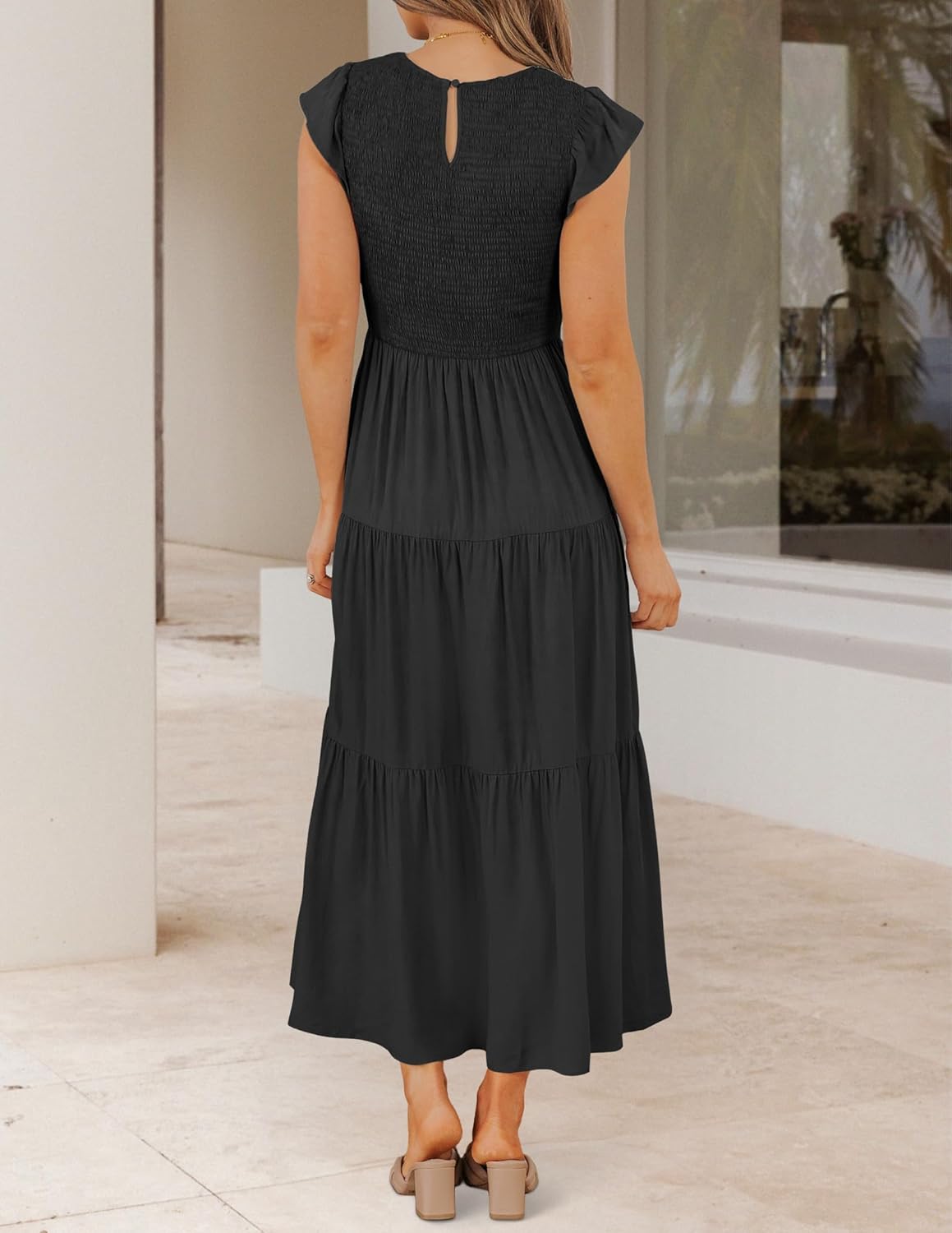 HOT SALE Women's Flutter Short Sleeve Crew Neck Smocked Elastic Waist Tiered Midi Dress