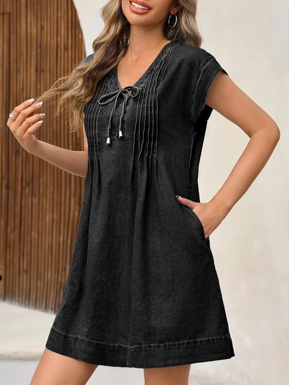HOT SALE Women's V-neck Pleated Denim Dress With Pockets (Buy 2 Free Shipping)