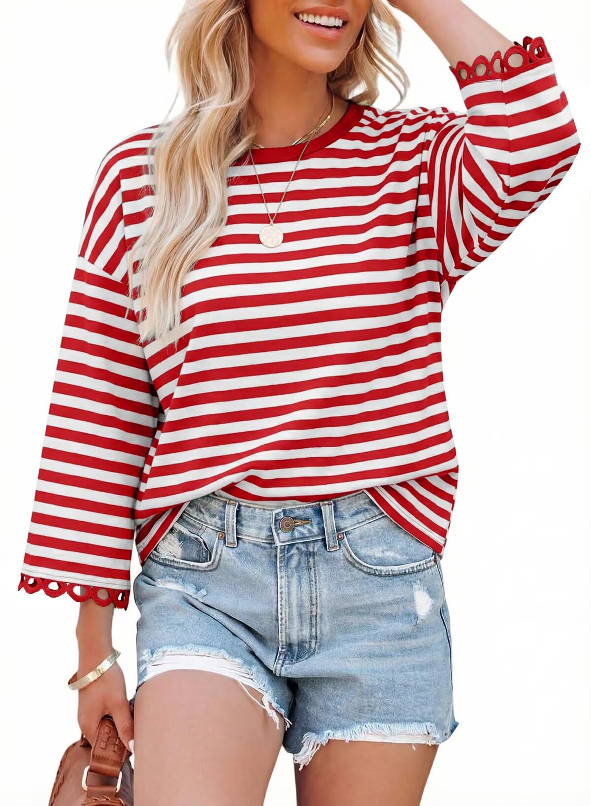 HOT SALE Women's Crewneck Striped Cute Color Block 3/4 Sleeve Blouse Top