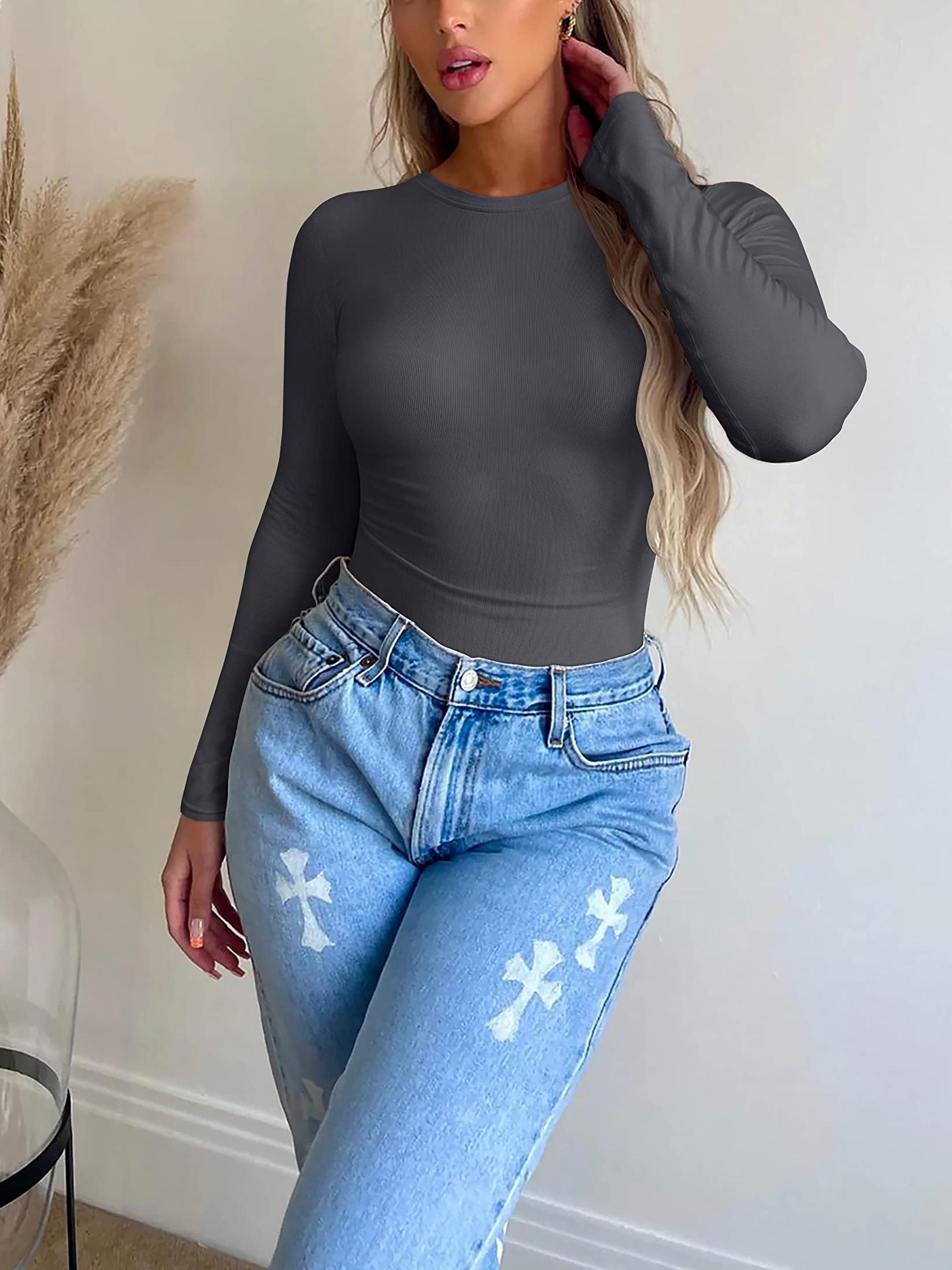 Womens Long Sleeve  Crew Neck Stretch Fitted Tee Shirts Tops