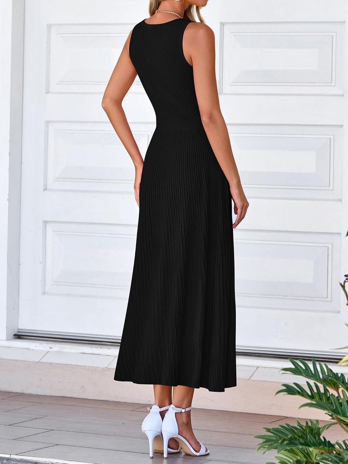 Women's Crewneck Ribbed Sleeveless Pleated Swing A Line Tank Dress