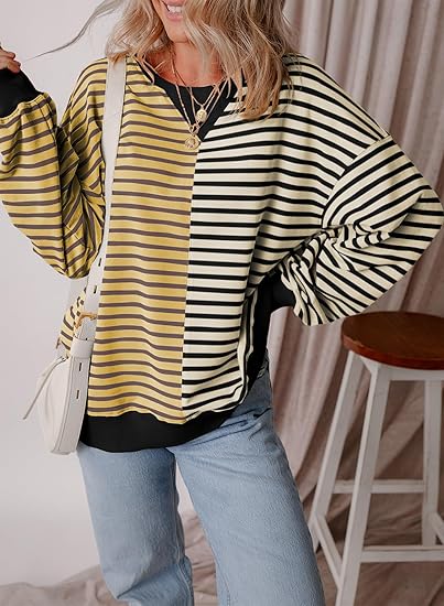 Womens Oversized Sweatshirts Striped Color Block Crewneck Sweatshirt