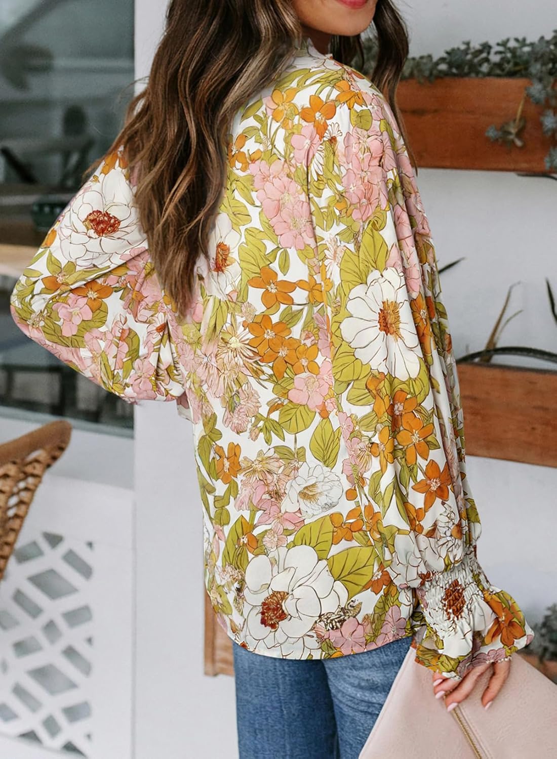 Women's Boho Floral Print V Neck Long Sleeve Drawstring Button Blouses
