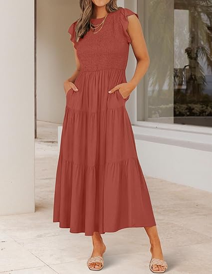 ✨Women's 2025 Summer Casual Flutter Short Sleeve Crew Neck Smocked Elastic Waist Tiered Midi Dress