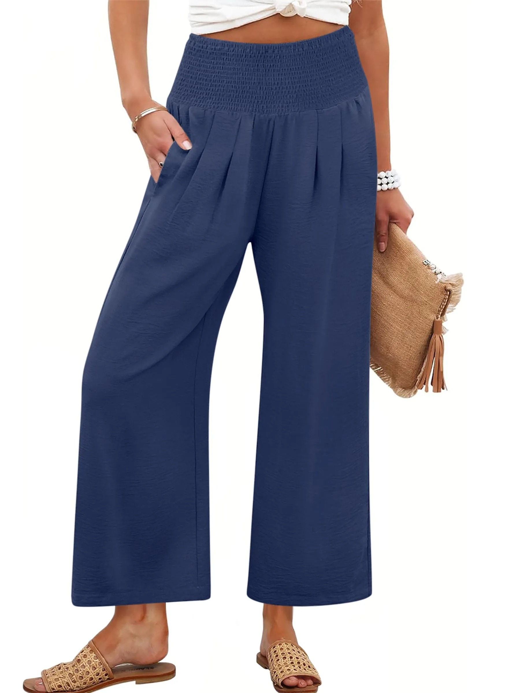 HOT SALE Women's High Waist Elastic Palazzo Pants Flowy Beach Lounge Casual Trousers