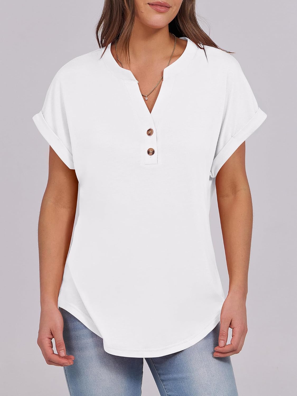 Women's V Neck Button Casual Loose Fit Short Sleeve Shirts Henley Tops