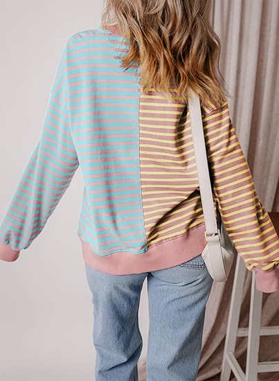 Womens Oversized Sweatshirts Striped Color Block Crewneck Sweatshirt