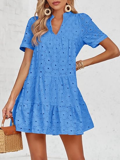 Womens Eyelet Casual Flowy Babydoll Swing Short Sleeve V Neck Tunic Dress