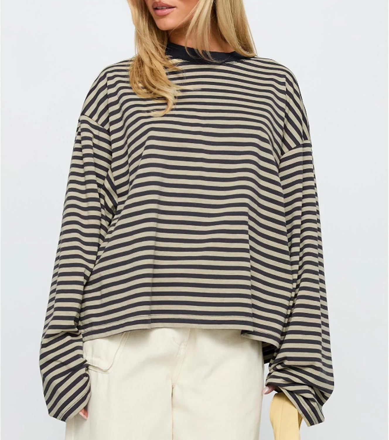 HOT SALE Women's Oversized Striped Cropped Long Sleeve Top