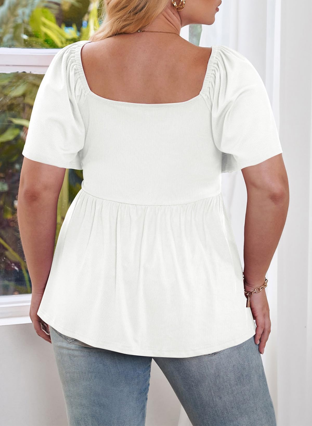 Women Sweetheart Neck Short Sleeve Shirred Peplum Blouse Tops Shirts