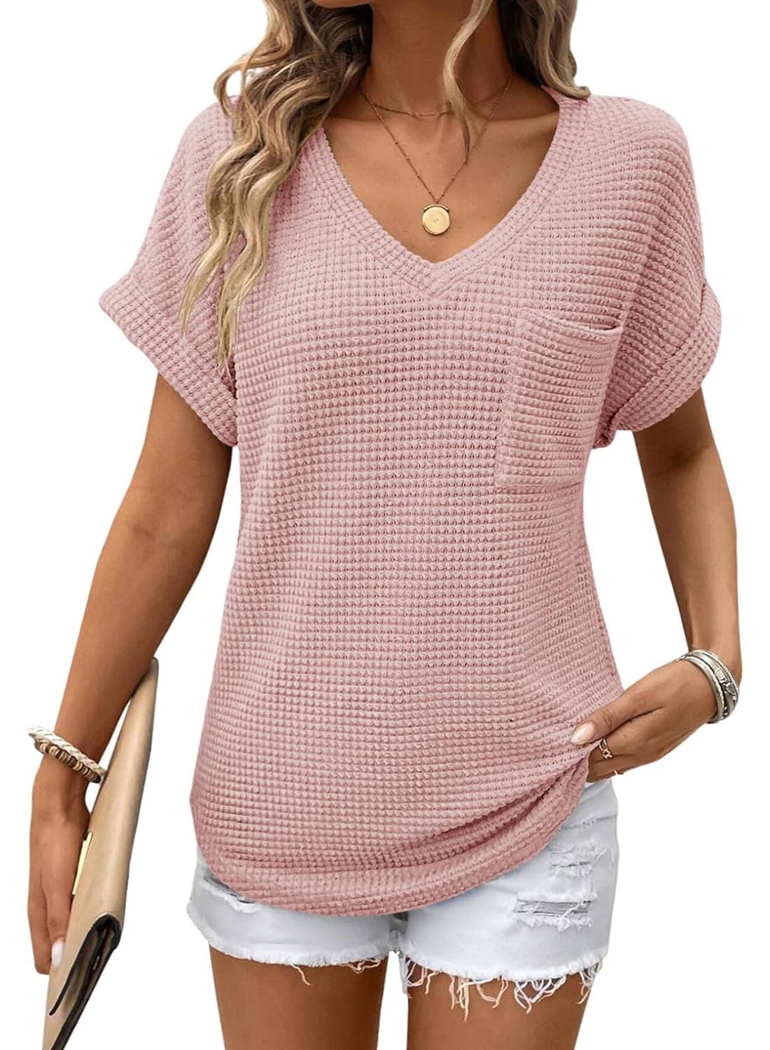 Women's Oversized Waffle V Neck Short Sleeve Casual Top(BUY 2 FREE SHIPPING)