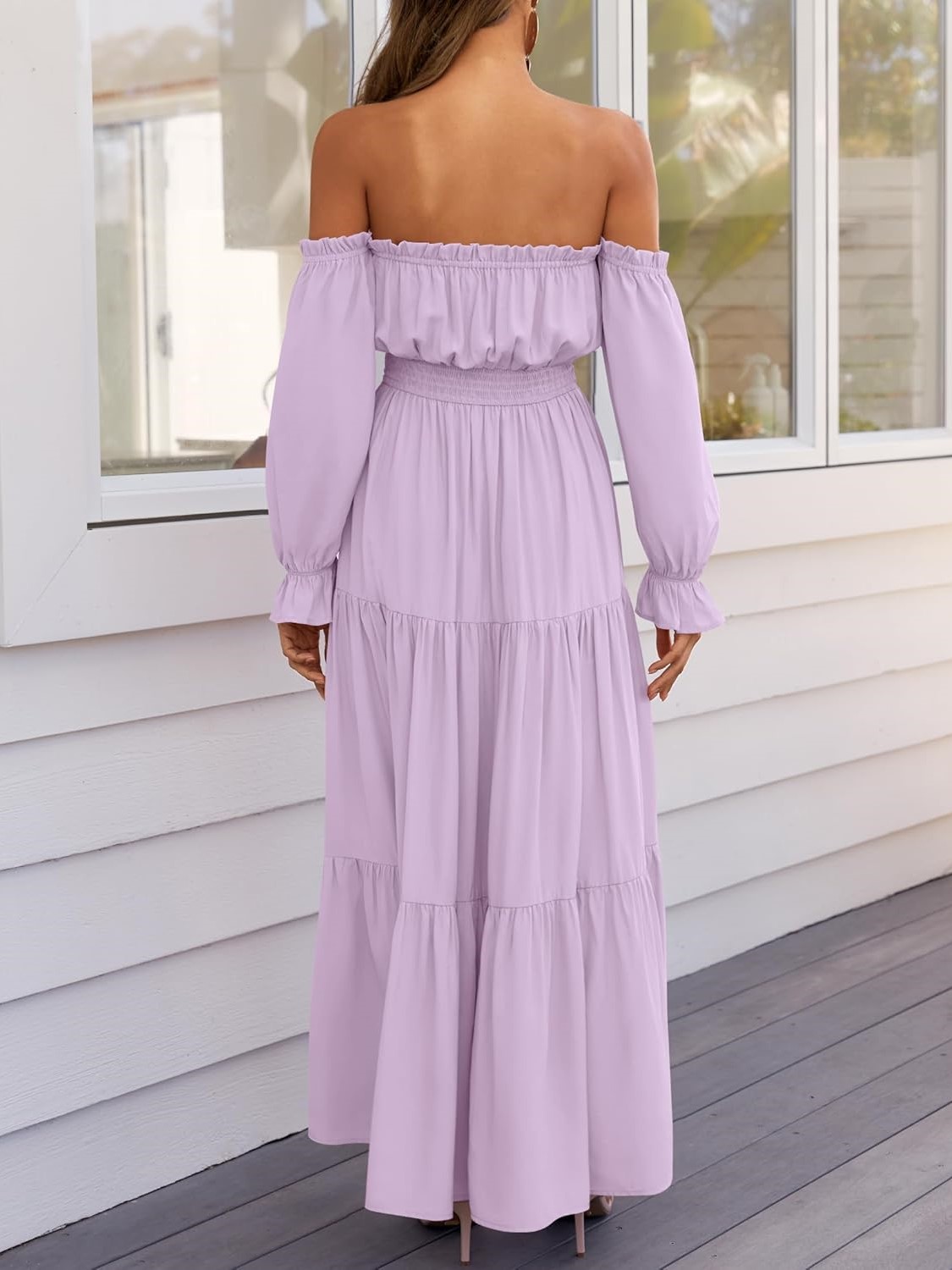 Women's Boho Sexy Off Shoulder Long Sleeve Smocked Side Split Tiered Maxi Dress