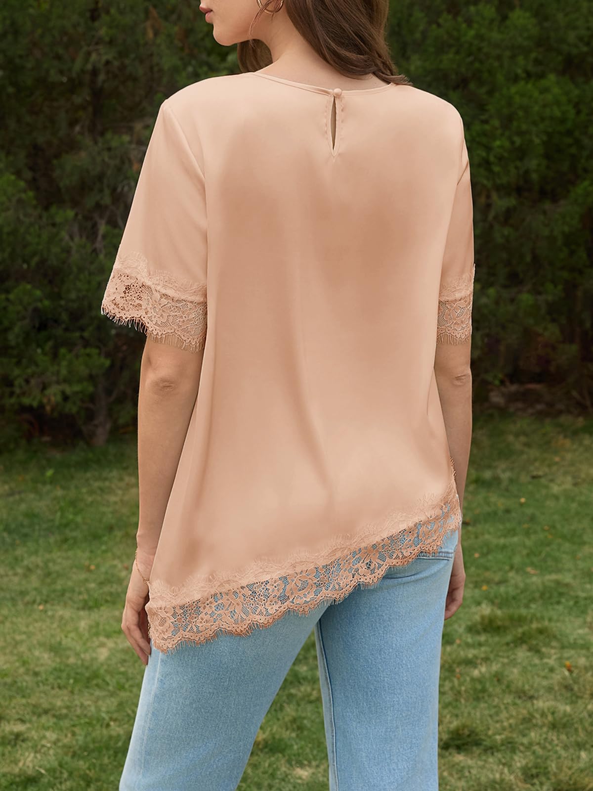 Women's Satin Short Sleeve Lace Trim Asymmetrical Blouse Tops