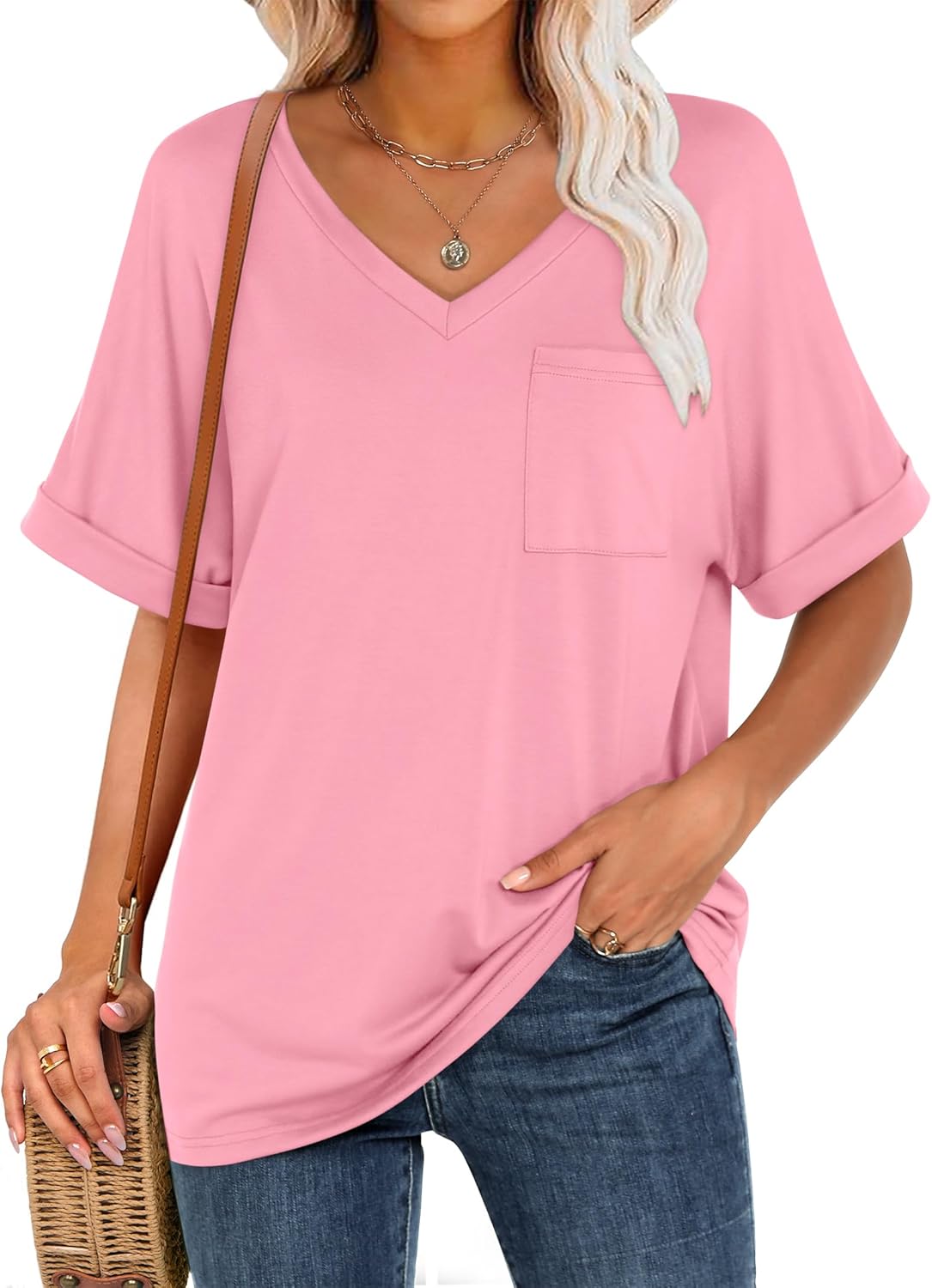 Women's Cute Oversized Short Sleeve Tops Basic Tee Shirts with Pocket(BUY 3 FREE SHIPPING)