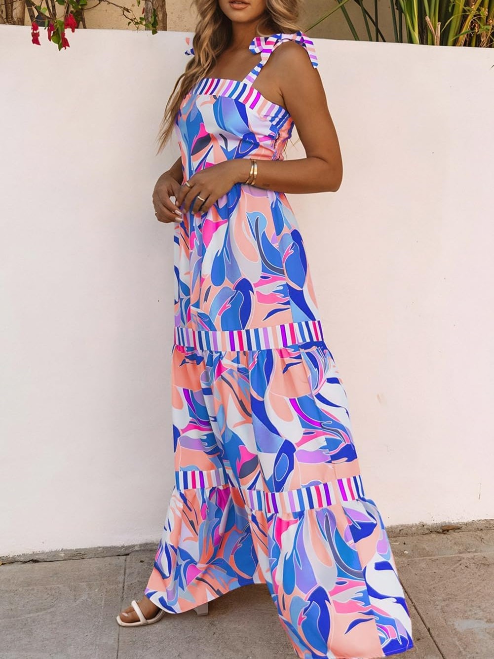 Women's Summer Sleeveless Strap Tie Floral Print Maxi Dress