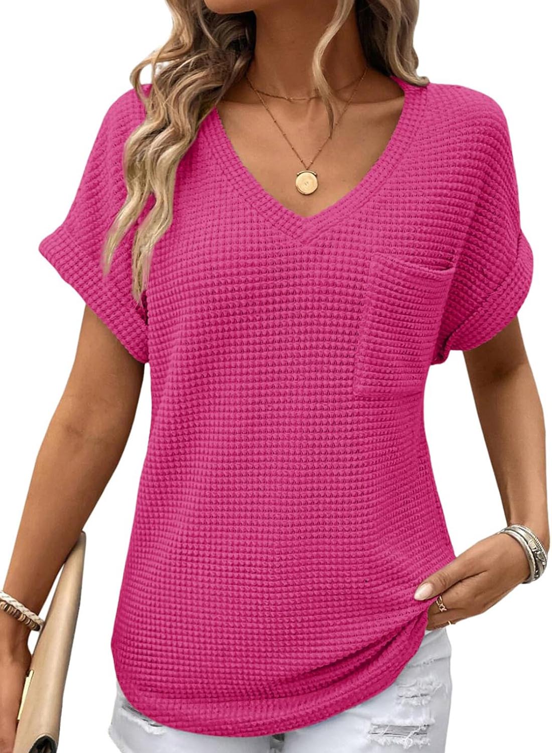 Women's Oversized Waffle V Neck Short Sleeve Casual Top(BUY 2 FREE SHIPPING)