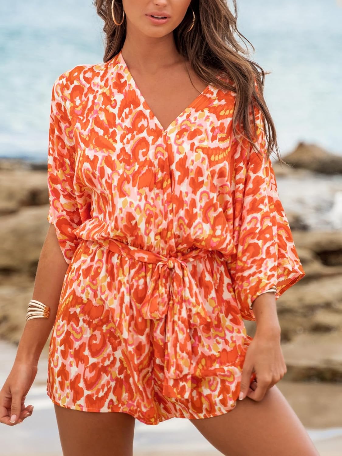 Women's Lace Up Leopard Print Romper Short Sleeves Jumpsuits