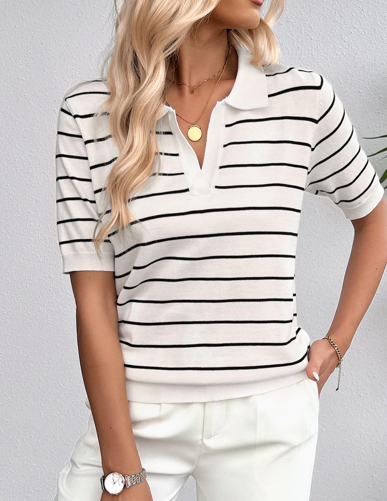 Women's Polo Collar Ribbed Short Sleeve V Neck Knit Tops