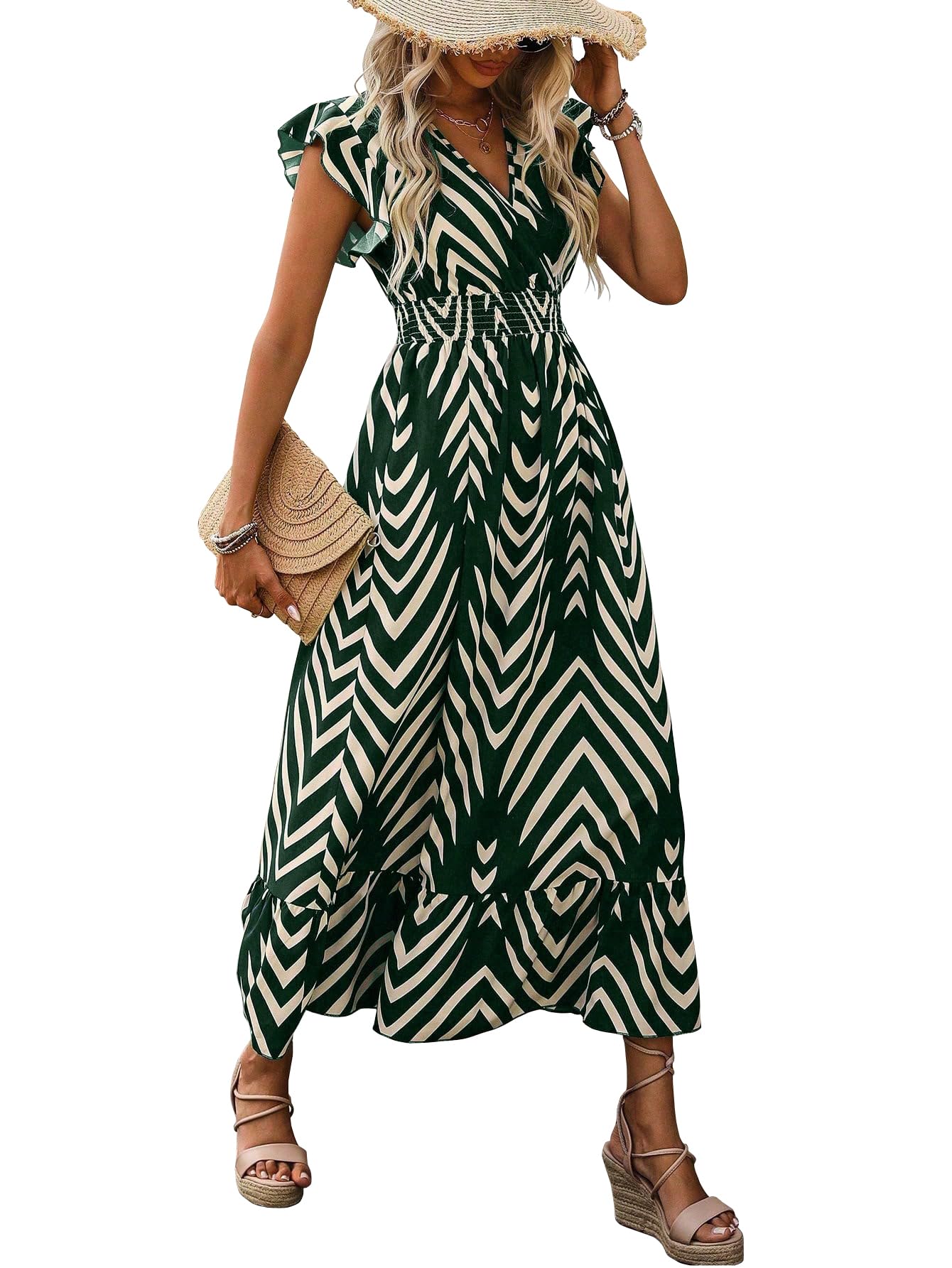 Women's Spring Summer Fashion Floral V Neck Ruffle Waist Slim Boho Dress