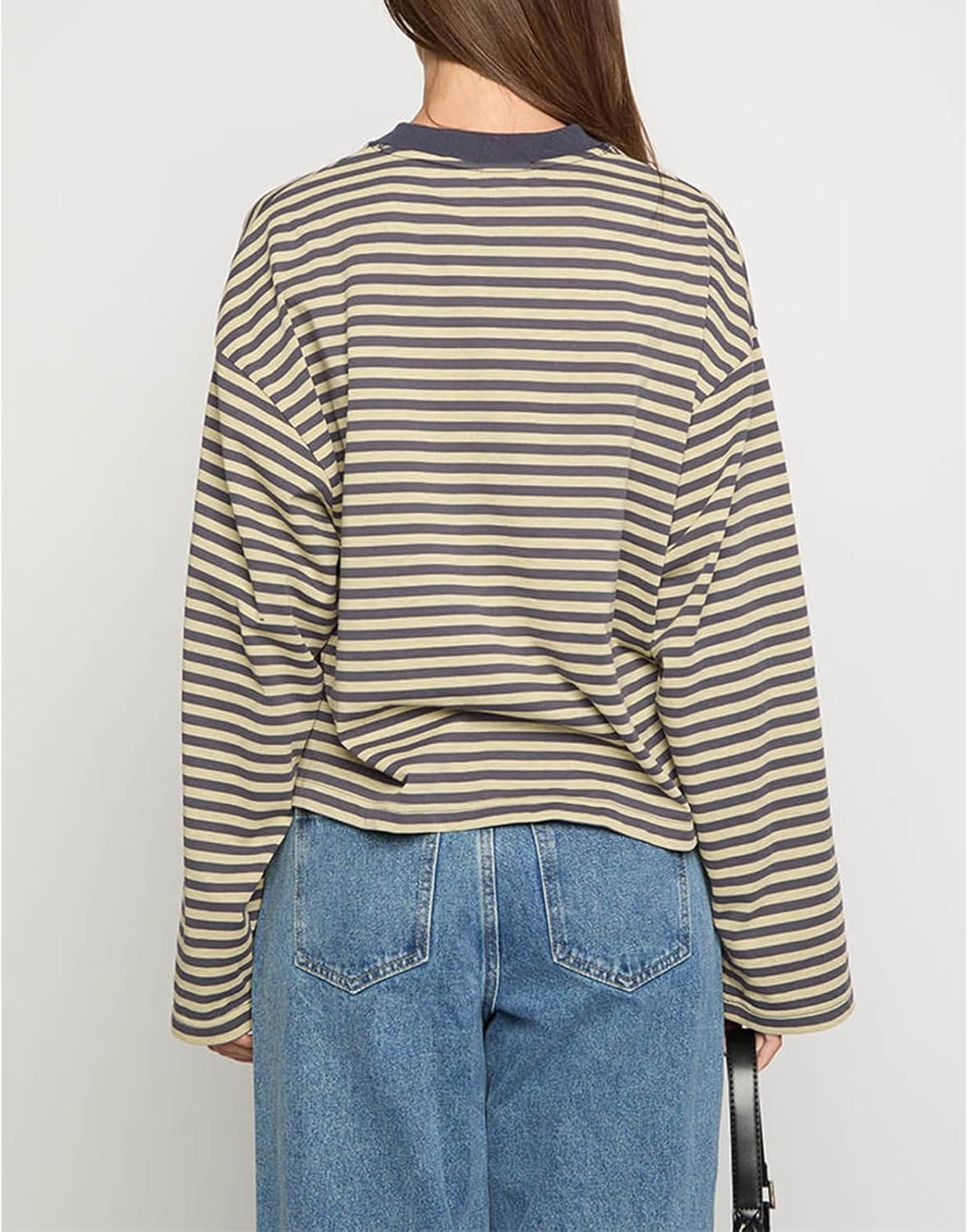 HOT SALE Women's Oversized Striped Cropped Long Sleeve Top
