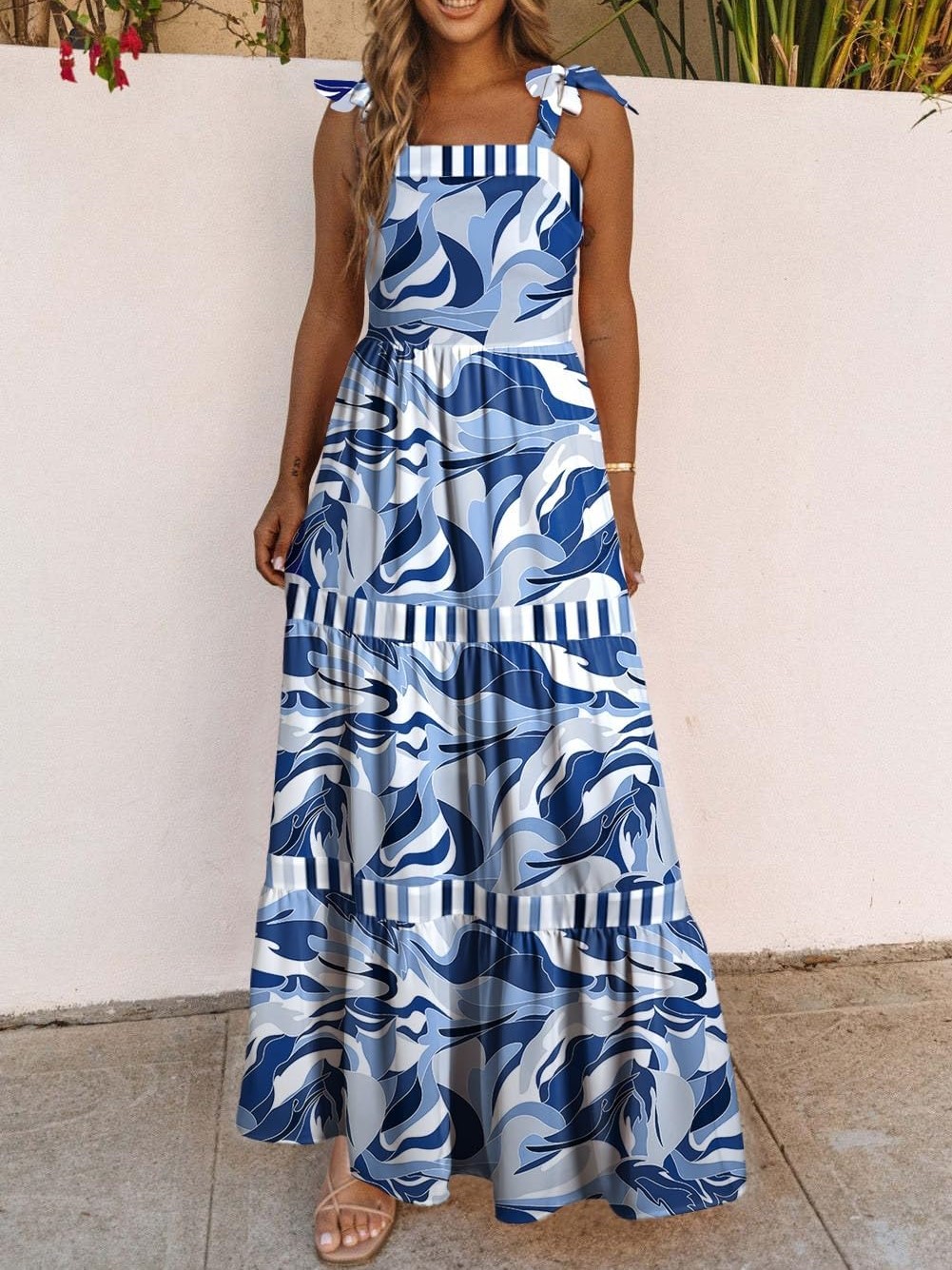 Women's Summer Sleeveless Strap Tie Floral Print Maxi Dress