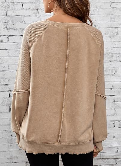 Womens Oversized Crewneck Long Sleeve Waffle Knit Tops