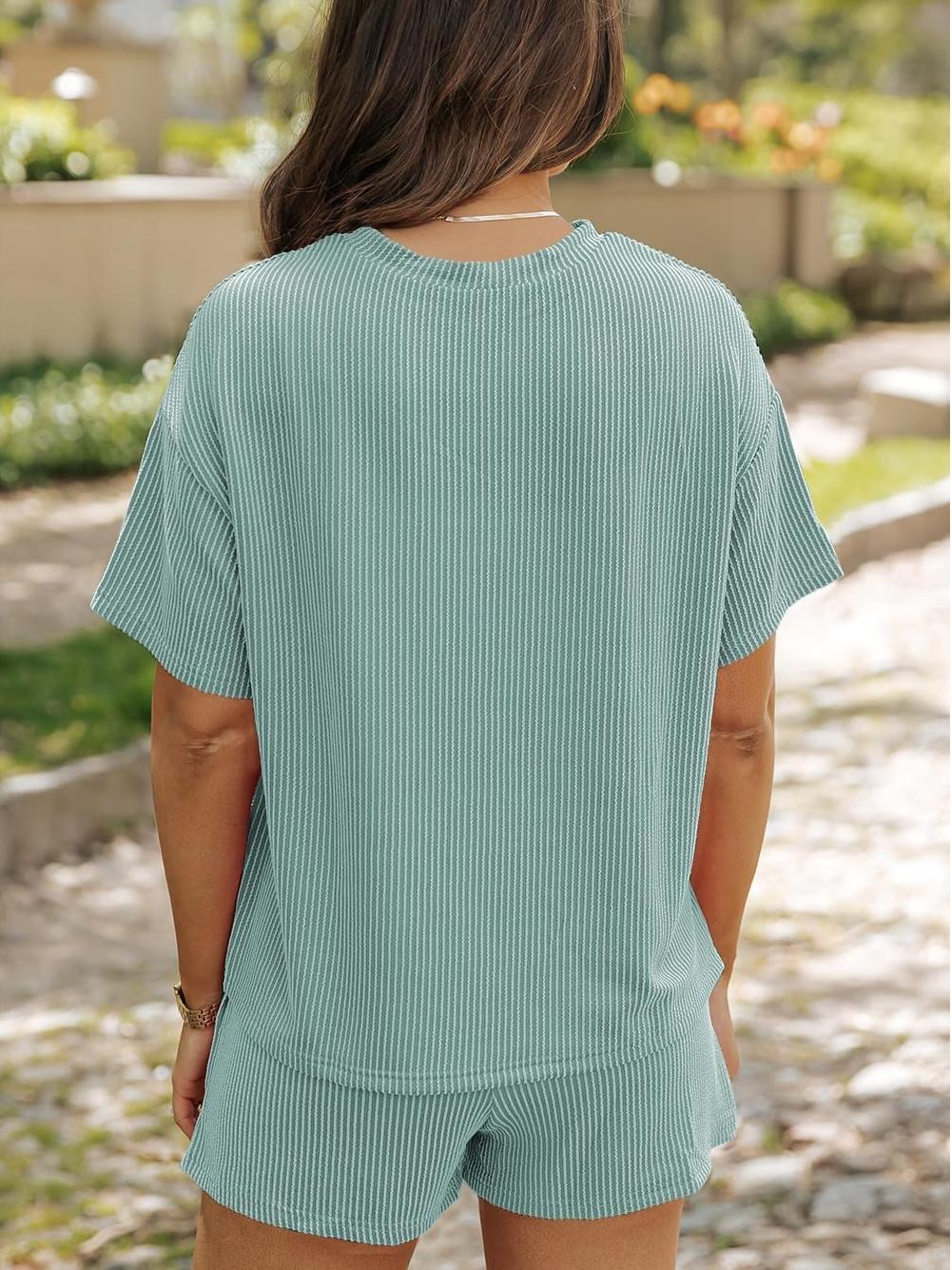 Women's Ribbed Textured Knit Loose Lounge Shorts 2 Piece Set