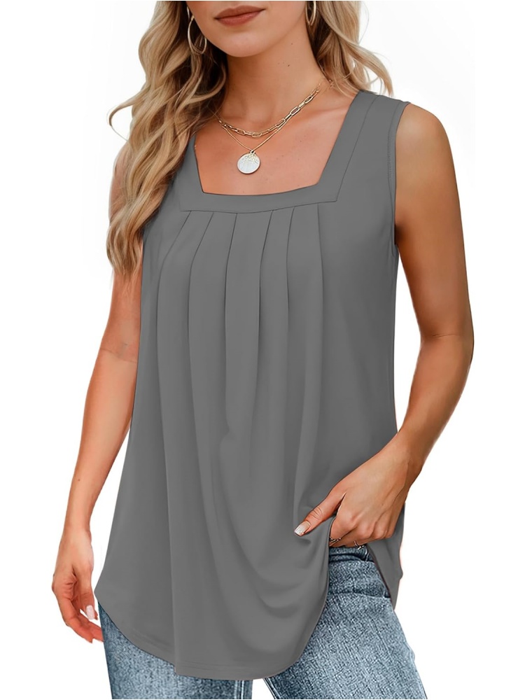 Women's Loose Fit Pleated Square Neck Tank Tops