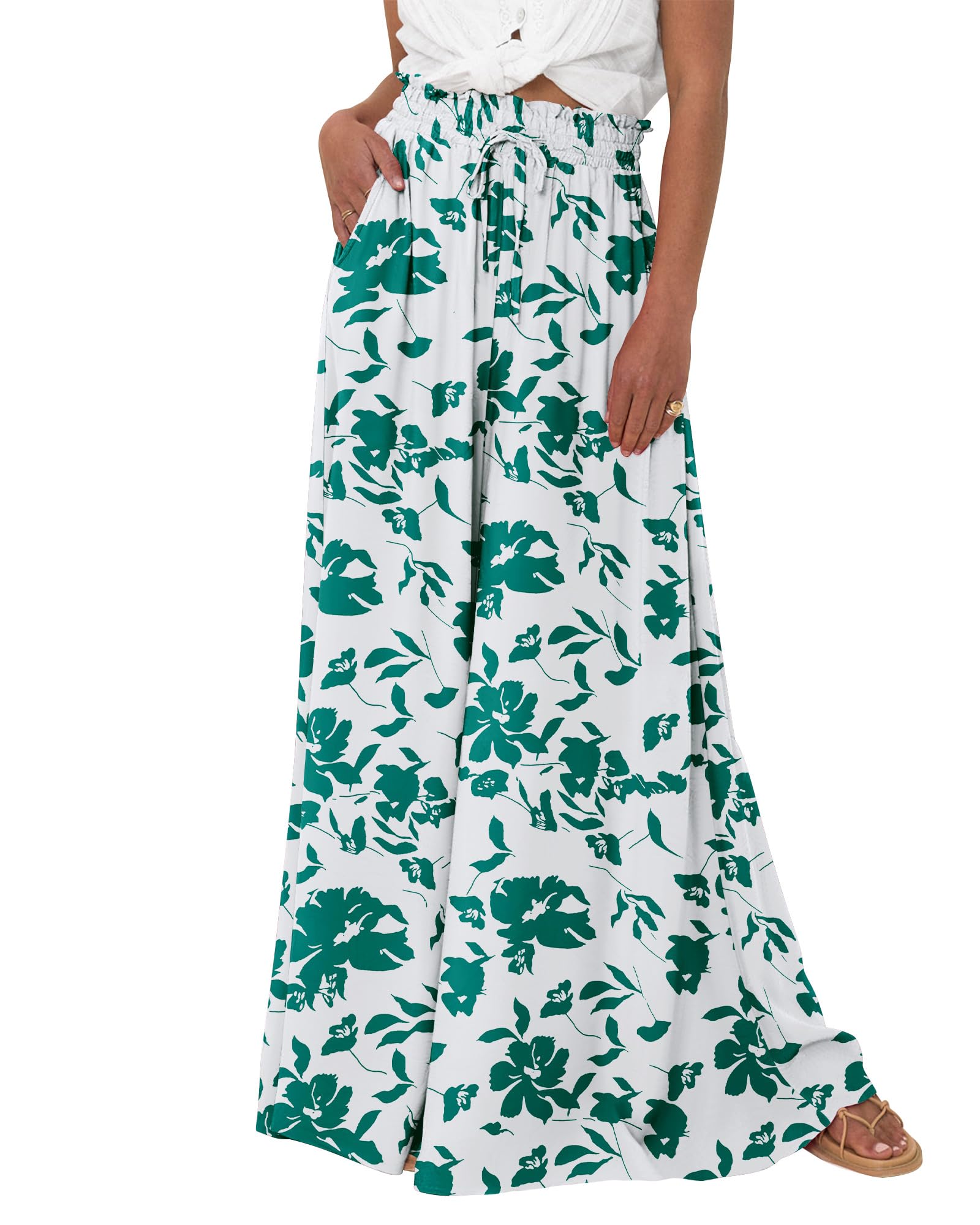 Women Casual Floral Solid High Waist Wide Leg  Pants 