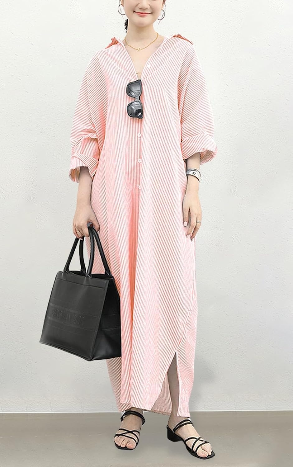 Women's Casual Button Down Loose Striped Cotton Maxi Shirt Dress