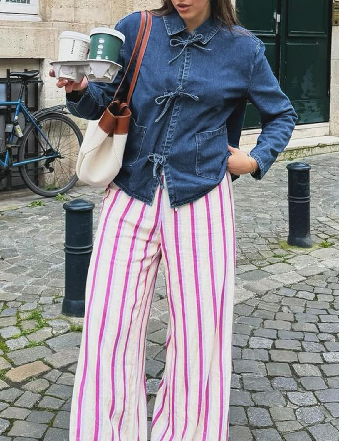 Women's Tie Bow Closure Loose Denim Jacket with Pockets