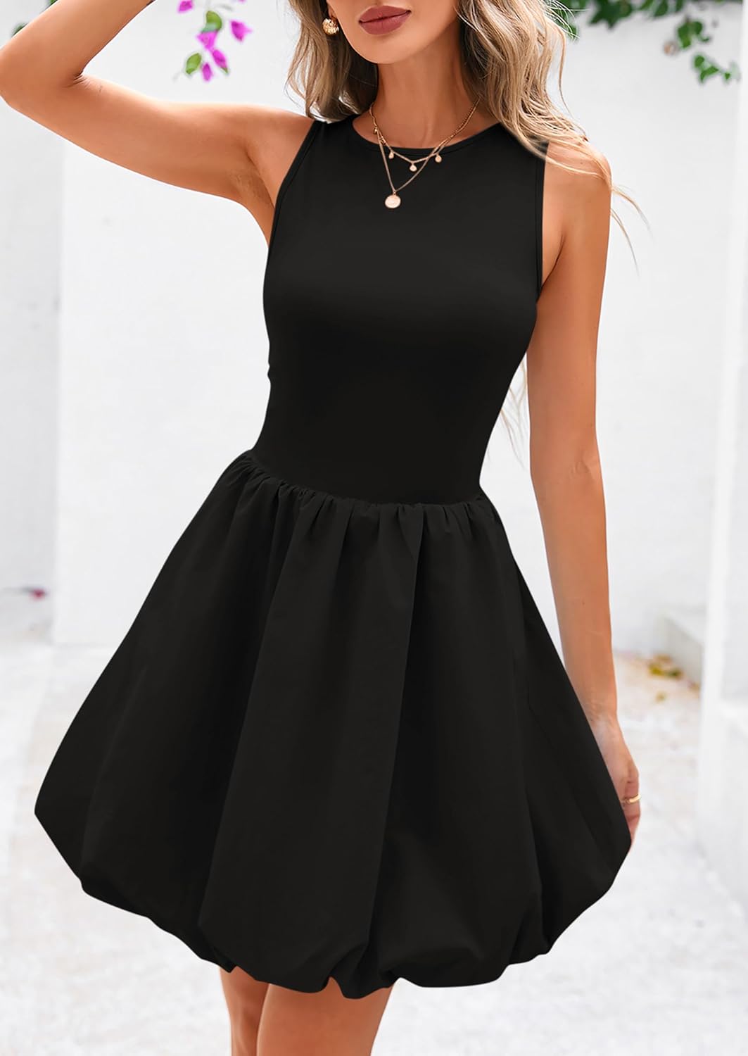 Women's Casual Crew Neck Sleeveless Tank Bubble Dress with Pockets