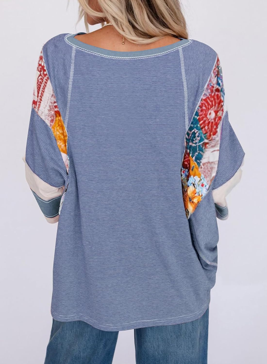 2025 Spring Summer Crew Neck Oversized Striped Patchwork Shirts Blouse